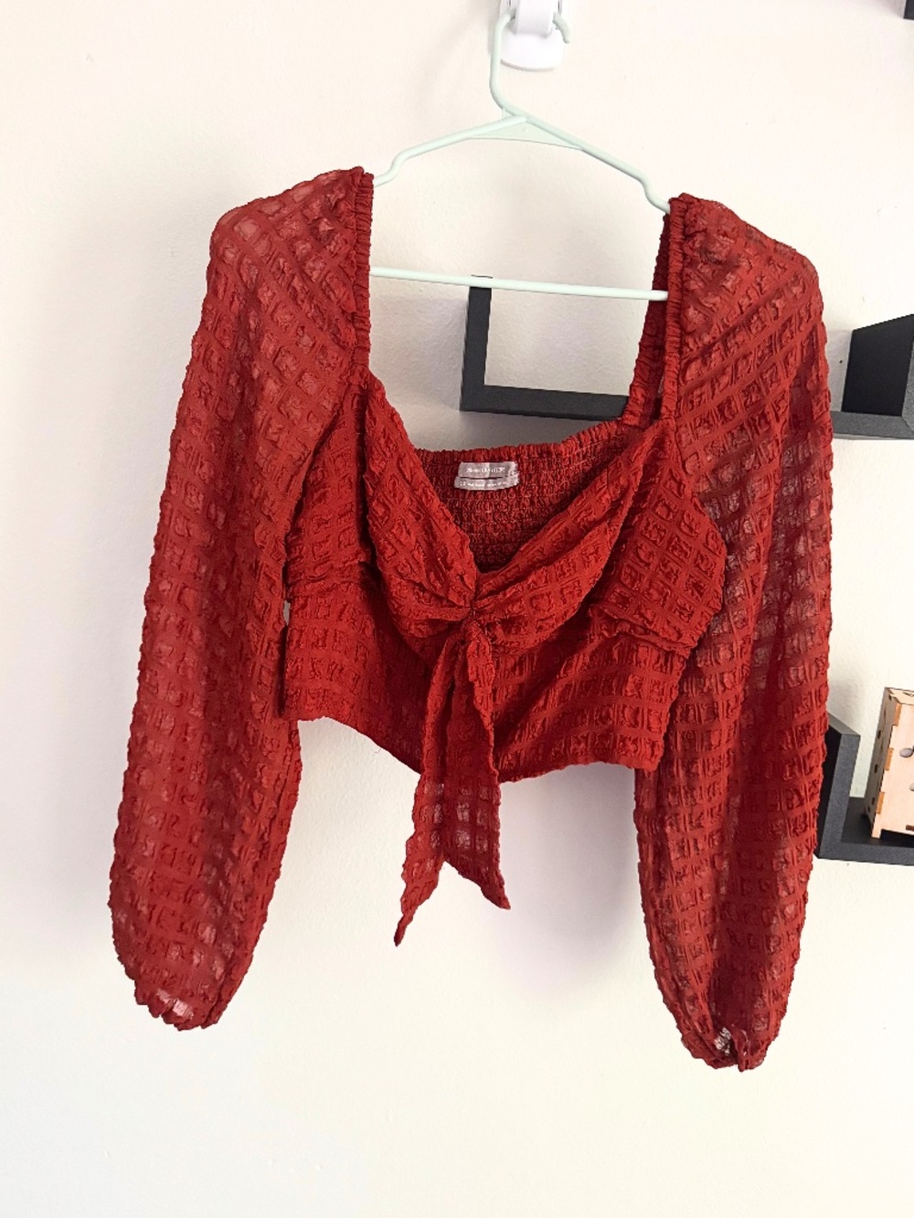 Urban Outfitters Rust Textured Tie Front Crop Top Long Sleeve